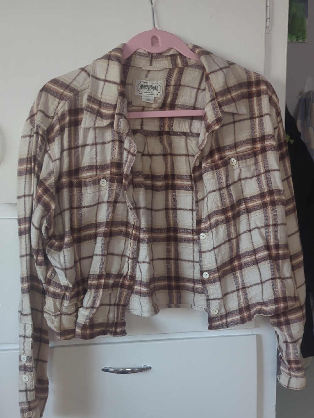 American Eagle Outfitters Cream and Brown Plaid Button-Up Jacket